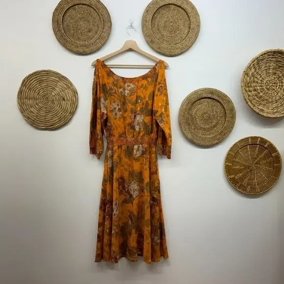 Anthropologie Moulinette Soeurs Beautiful Orange Silk Cold Shoulder Midi Dress 0 - Picture 2 of 8